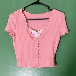 SHEIN Pink Scalloped Button-Up Blouse